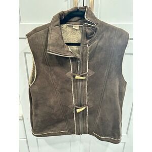 Petals Brown Suede Sherpa Lined Vest Women's XL Duffle Toggle Zip vtg